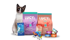 Lucy Pet Cat Products, Kitty Lickies, Canned food and Dry cat food